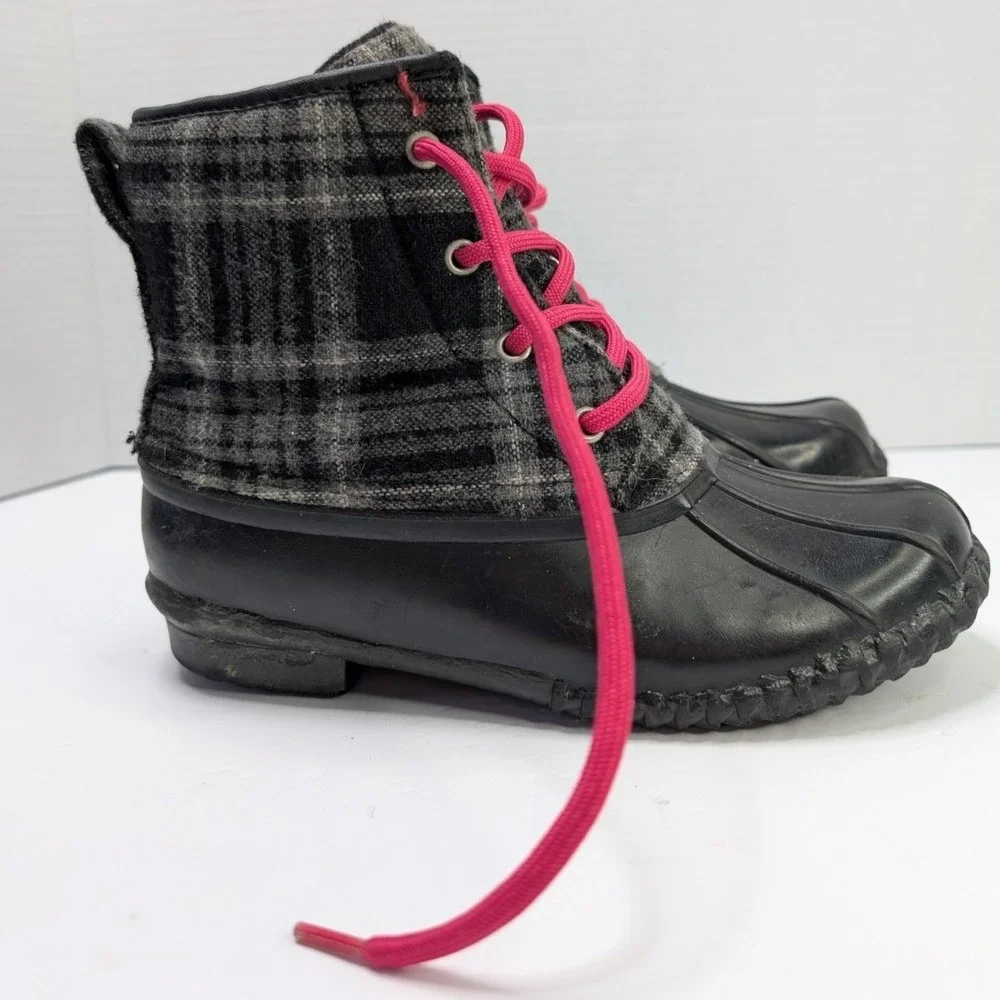 Girls Size 3 Plaid Duck Boots Black Pink Lace Winter Snow Rain Rubber Sole‎
